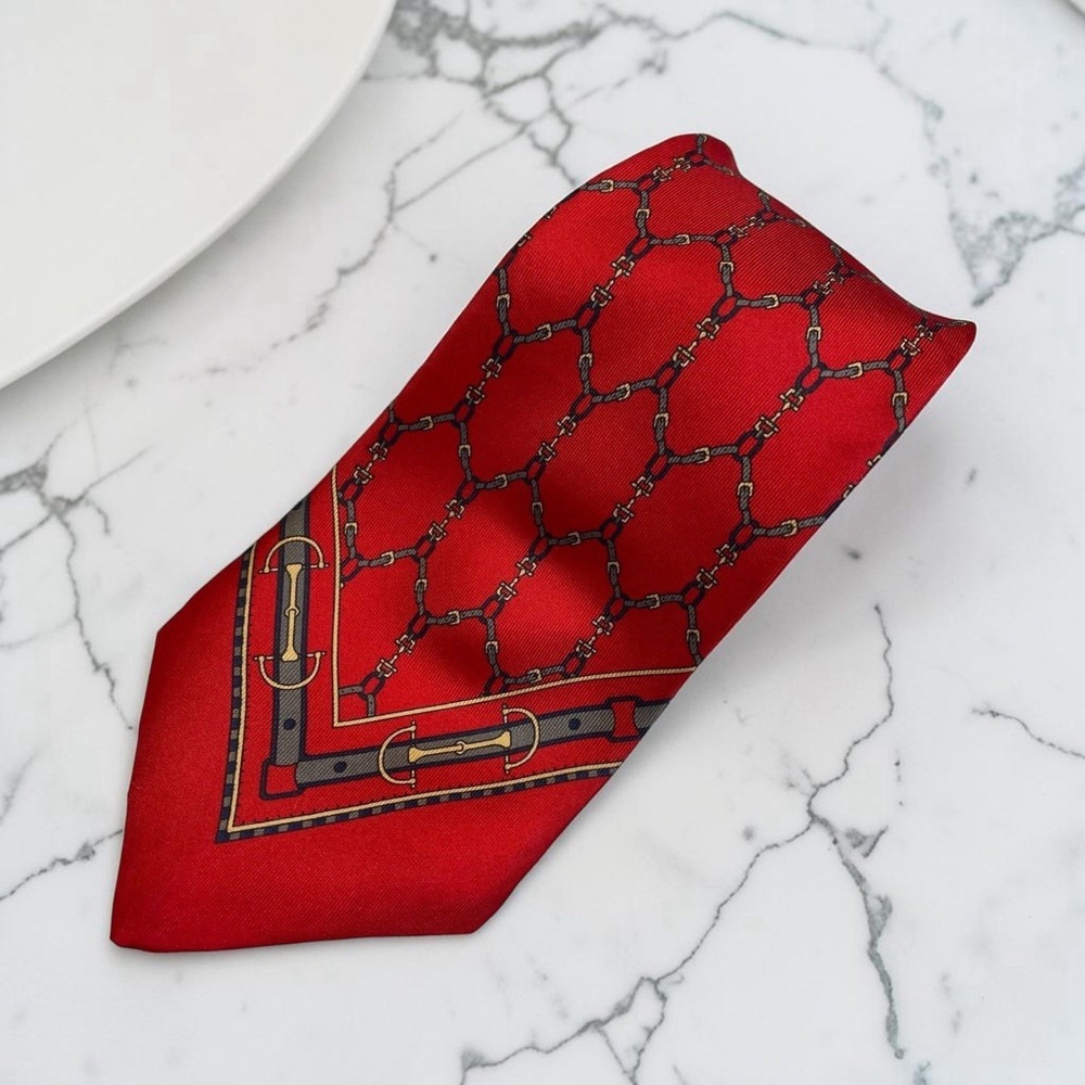 Mens Red  Equestrian Horse Bit Chain Silk Necktie Preppy English Country